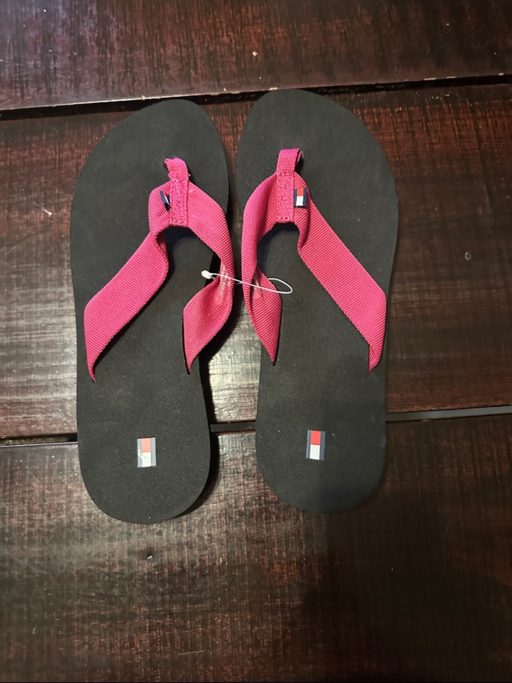 Tommy Hilfiger Black Flip Flops with Pink Fabric Straps